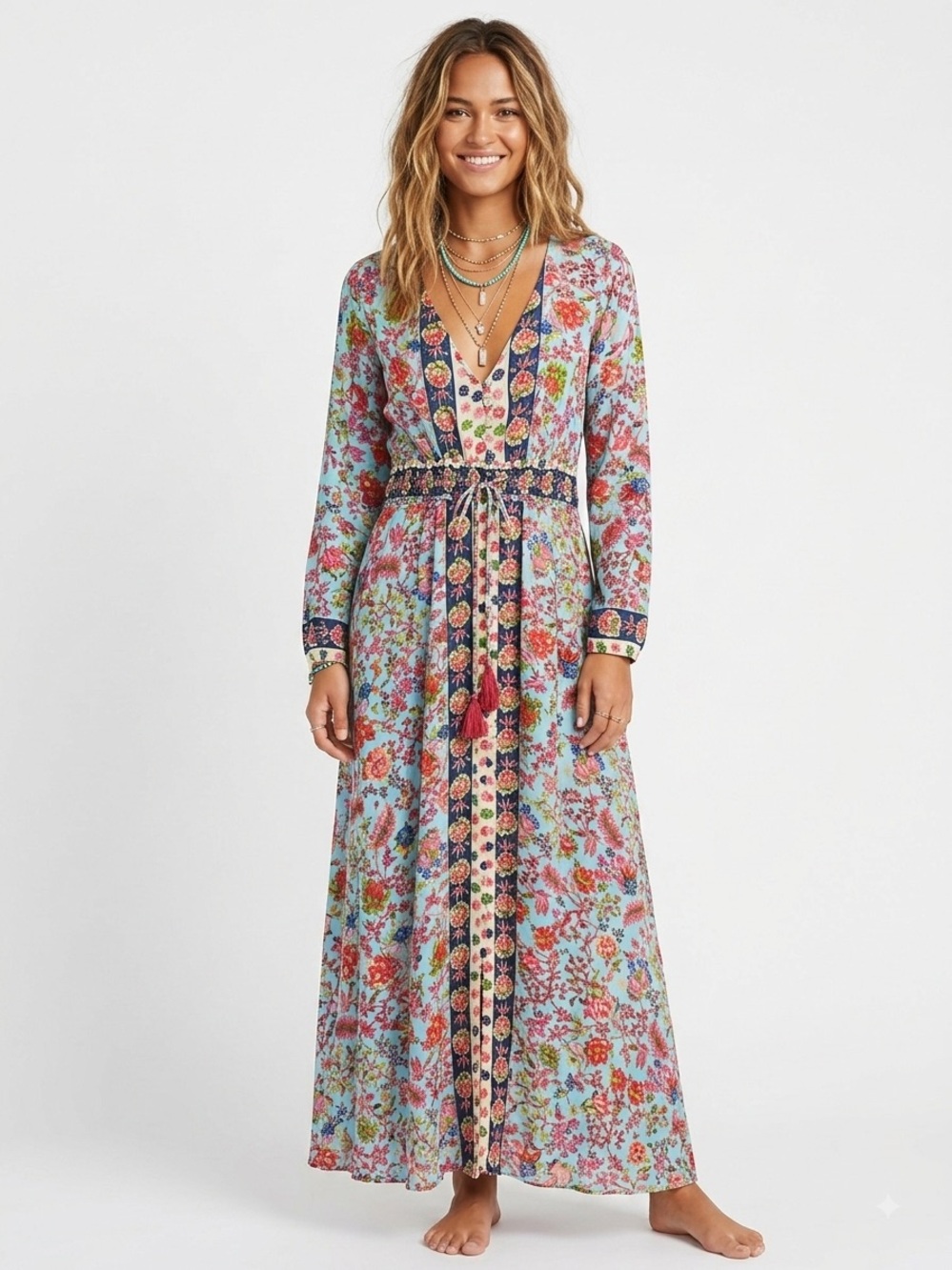 Devi Boho Floral Long Sleeve Maxi Dress